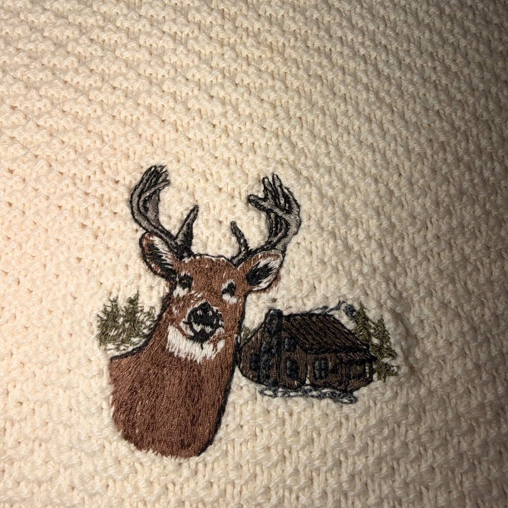 David Taylor Mens XXL Cream Cotton Knit Henley Sweater Deer Cabin Embroidered - Picture 3 of 6
